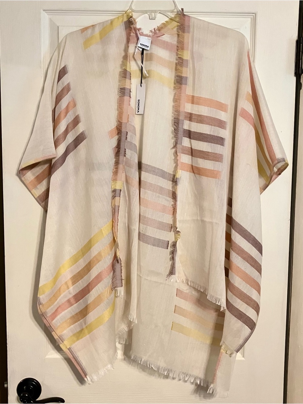 Sheer Fringe Open-Front Kimono Poncho - Cream Sand Peach Mauve Pastel Stripes